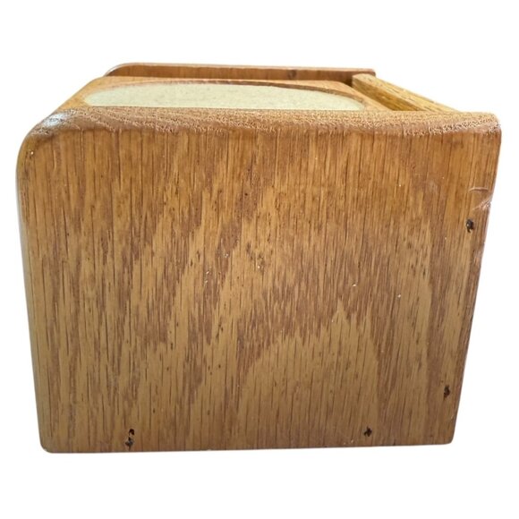 Set Of 6 Wooden Coasters With Cork Insert Matching Holder Vintage 80s Golden Oak - Picture 10 of 12